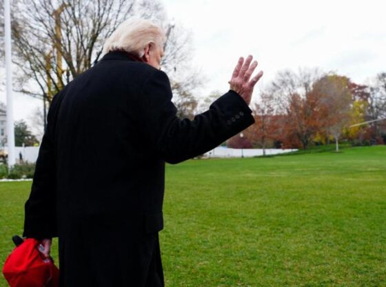 US President Donald Trump leaves after speaking to the press this Saturday at the White House