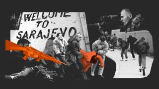 Montage with different iconic images of the bloody siege of Sarajevo, where a documentary sheds light on morbid human safaris.