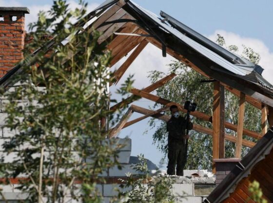 Another image of the Wyryki house hit by a Polish fighter projectile.