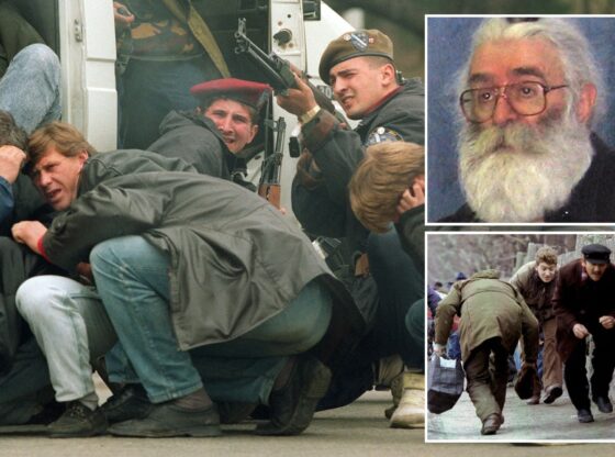 An image collage containing 3 images, Image 1 shows A Bosnian special forces soldier crouches with his rifle while civilians take cover during an armed conflict, Image 2 shows Radovan Karadzic with a long white beard, glasses, and a bun of dark hair on top of his head, Image 3 shows People running for cover from Serb snipers in Sarajevo