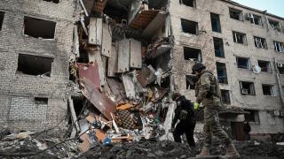 A building in the Ukrainian town of Zaporizhia destroyed by a Russian missile.