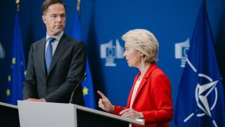 The President of the Commission, Ursula von der Leyen, and the Secretary General of NATO, Mark Rutte, during their appearance this Tuesday in Brussels