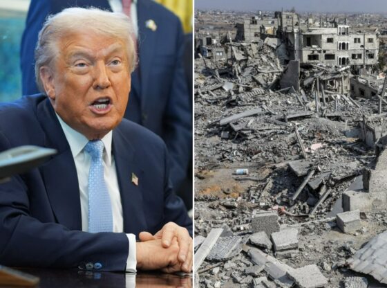 An image collage containing 2 images, Image 1 shows Trump FIFA WCup, Image 2 shows Palestinians return to destroyed homes after Israeli withdrawal