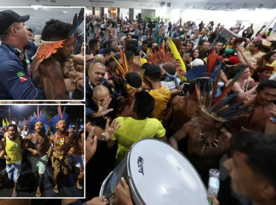 An image collage containing 3 images, Image 1 shows Demonstrators and Indigenous people force their way into the UN Climate Change Conference (COP30) venue in Belem, Brazil, Image 2 shows Demonstrators force their way into the venue hosting the UN Climate Change Conference (COP30), in Belem, Image 3 shows Demonstrators force their way into the venue hosting the UN Climate Change Conference (COP30), in Belem