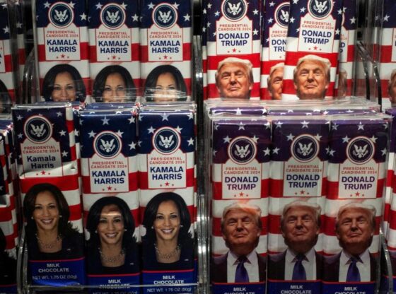 Chocolate bars with the faces of Kamala Harris and Donald Trump.