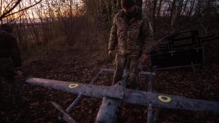 A Ukrainian unmanned vehicle pilot prepares a GARA bomber drone for a strike mission on the Pokrovsk combat front.