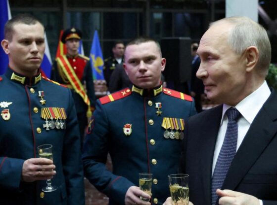 Russian President Vladimir Putin at a medal ceremony in Moscow to soldiers who participated in the war in Ukraine.