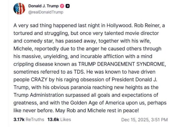 Capture of Trump's message about film director Rob Reiner murdered along with his wife in their home.
