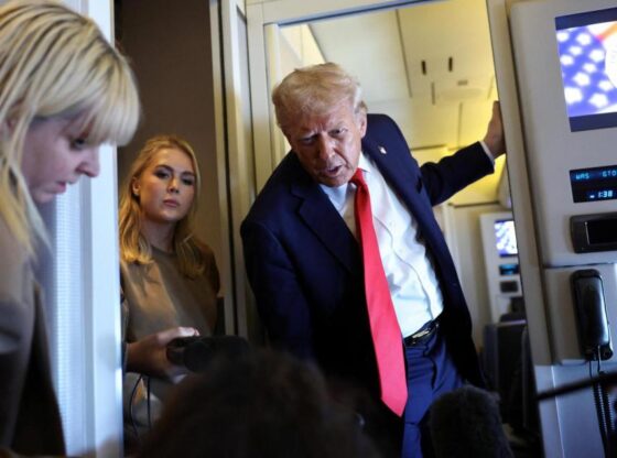 Trump speaks aboard Air Force One upon returning from a state visit.