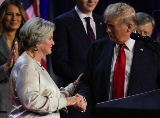 Susie Wiles and Donald Trump at the Palm Beach County Convention Center on election night.