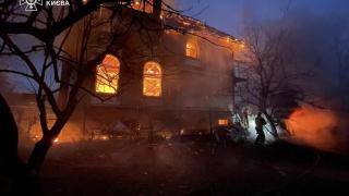 A house burning after the Russian attack in kyiv.